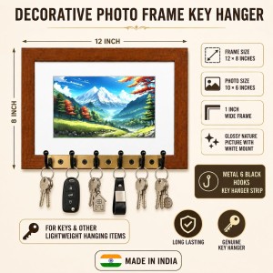 Decorative Wooden Photo Frame Key Hanger With Nature Picture, 12 X 8 Inch Wall Key Holder, 10 X 6 Inch Glossy Photo Frame, 6 Metal Hooks, Home Entrance Decor, Made In India (F38614) Decorative Wooden Photo Frame Key Hanger With Nature Picture, 12 X 8 Inch Wall Key Holder, 10 X 6 Inch Glossy Photo Frame, 6 Metal Hooks, Home Entrance Decor, Made In India (F38614)