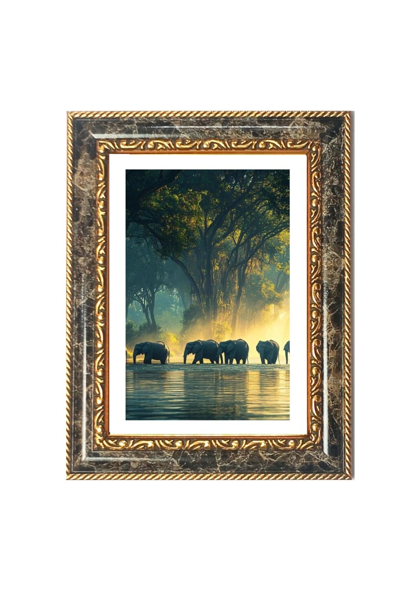 Elephants Decorative Photo Frame With White Mount | Premium Wall & Tabletop Picture Frame | Home, Office & Temple Decoration | 8x12 Inch (Pack Of 1) (F33022)