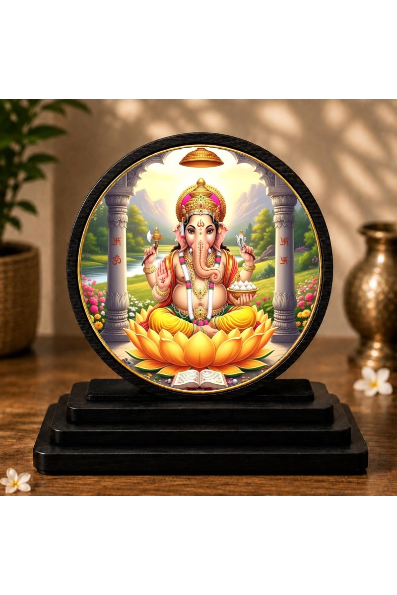 Car Dashboard Wooden Lord Ganeshaa Showpiece | 4 X 4.5 Inch Sublimation Printed Decorative Stand | 4 Mm MDF | Home Decor | Made in India (F33724)