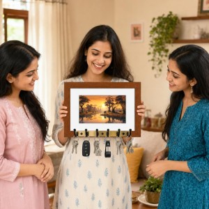 Decorative Wooden Photo Frame Key Hanger With Nature Picture, 12 X 8 Inch Wall Key Holder, 10 X 6 Inch Glossy Photo Frame, 6 Metal Hooks, Home Entrance Decor, Made In India (F38737)