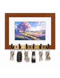 Decorative Wooden Photo Frame Key Hanger With Nature Picture, 12 X 8 Inch Wall Key Holder, 10 X 6 Inch Glossy Photo Frame, 6 Metal Hooks, Home Entrance Decor, Made In India (F38865)