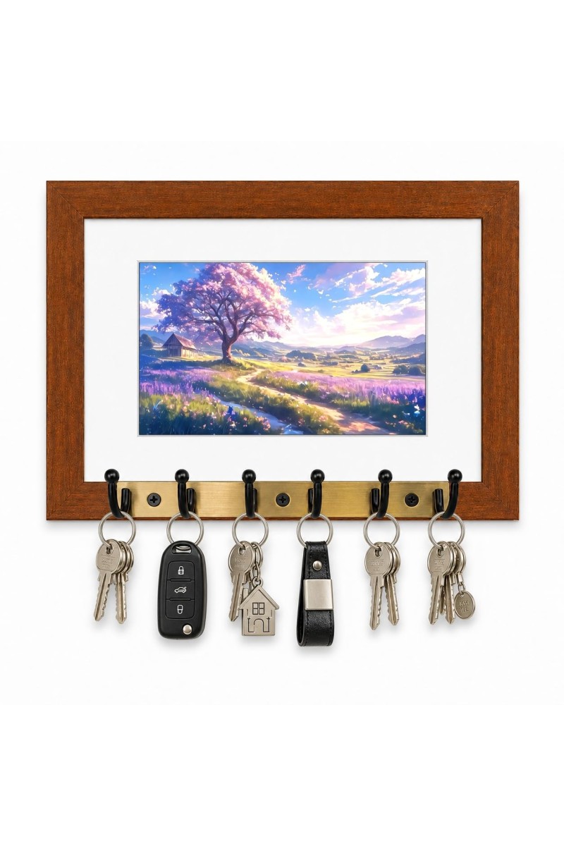 Decorative Wooden Photo Frame Key Hanger With Nature Picture, 12 X 8 Inch Wall Key Holder, 10 X 6 Inch Glossy Photo Frame, 6 Metal Hooks, Home Entrance Decor, Made In India (F38865)