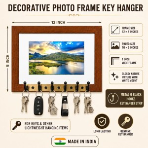 Decorative Wooden Photo Frame Key Hanger With Nature Picture, 12 X 8 Inch Wall Key Holder, 10 X 6 Inch Glossy Photo Frame, 6 Metal Hooks, Home Entrance Decor, Made In India (F38859)