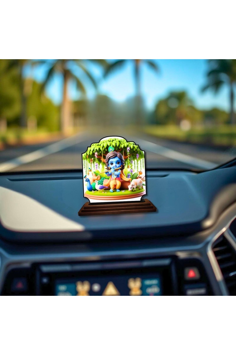 Car Dashboard/Table Top Lord Krishna Wooden Rectangle Photo Stand 3x4 Inches, Compact & Stylish Spiritual Display for Car, Home & Office (Pack of 1) (F22342)