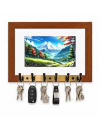 Decorative Wooden Photo Frame Key Hanger With Nature Picture, 12 X 8 Inch Wall Key Holder, 10 X 6 Inch Glossy Photo Frame, 6 Metal Hooks, Home Entrance Decor, Made In India (F38614)