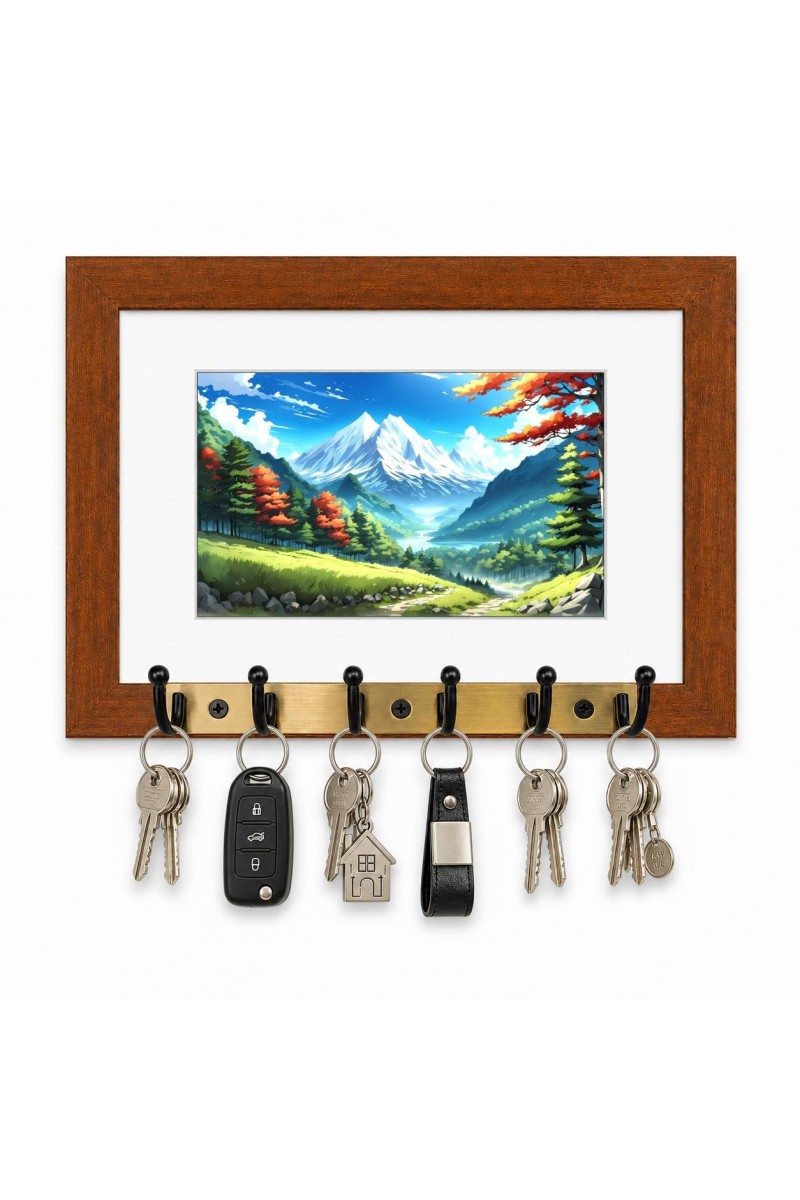 Decorative Wooden Photo Frame Key Hanger With Nature Picture, 12 X 8 Inch Wall Key Holder, 10 X 6 Inch Glossy Photo Frame, 6 Metal Hooks, Home Entrance Decor, Made In India (F38614)