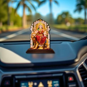 Car Dashboard/Table Top Goddess Durga Wooden Temple Photo Stand 3x4 Inches, Compact & Stylish Spiritual Display for Car, Home & Office (Pack of 1) (F22537)