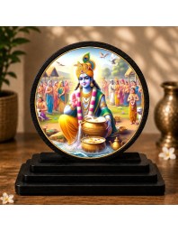 Car Dashboard Wooden Lord Krishna Showpiece | 4 X 4.5 Inch Sublimation Printed Decorative Stand | 4 Mm MDF | Home Decor | Made in India (F33337)