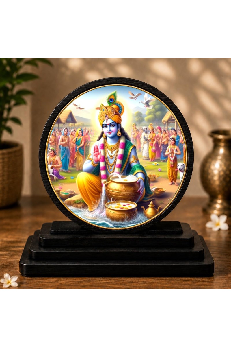 Car Dashboard Wooden Lord Krishna Showpiece | 4 X 4.5 Inch Sublimation Printed Decorative Stand | 4 Mm MDF | Home Decor | Made in India (F33337)