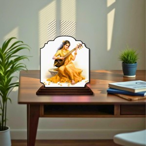 Car Dashboard/Table Top Goddess Saraswathi Wooden Rectangle Photo Stand 3x4 Inches, Compact & Stylish Spiritual Display for Car, Home & Office (Pack of 1) (F22430)