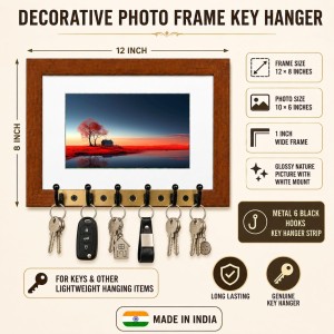 Decorative Wooden Photo Frame Key Hanger With Nature Picture, 12 X 8 Inch Wall Key Holder, 10 X 6 Inch Glossy Photo Frame, 6 Metal Hooks, Home Entrance Decor, Made In India (F38882) Decorative Wooden Photo Frame Key Hanger With Nature Picture, 12 X 8 Inch Wall Key Holder, 10 X 6 Inch Glossy Photo Frame, 6 Metal Hooks, Home Entrance Decor, Made In India (F38882)