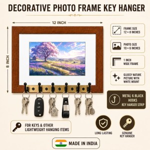 Decorative Wooden Photo Frame Key Hanger With Nature Picture, 12 X 8 Inch Wall Key Holder, 10 X 6 Inch Glossy Photo Frame, 6 Metal Hooks, Home Entrance Decor, Made In India (F38865) Decorative Wooden Photo Frame Key Hanger With Nature Picture, 12 X 8 Inch Wall Key Holder, 10 X 6 Inch Glossy Photo Frame, 6 Metal Hooks, Home Entrance Decor, Made In India (F38865)