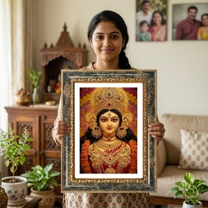 Goddess Durga Decorative Photo Frame With White Mount | Premium Wall & Tabletop Picture Frame | Home, Office & Temple Decoration | 8x12 Inch (Pack Of 1) (F31117)