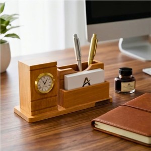 Wooden Pen Stand with Analog Clock & Business Card Holder | Multipurpose Desk Organizer for Office Table | Pen Pencil Holder | Wooden Stationery Organizer for Home & Office