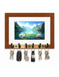 Decorative Wooden Photo Frame Key Hanger With Nature Picture, 12 X 8 Inch Wall Key Holder, 10 X 6 Inch Glossy Photo Frame, 6 Metal Hooks, Home Entrance Decor, Made In India (F38851)