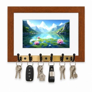 Decorative Wooden Photo Frame Key Hanger With Nature Picture, 12 X 8 Inch Wall Key Holder, 10 X 6 Inch Glossy Photo Frame, 6 Metal Hooks, Home Entrance Decor, Made In India (F38851)