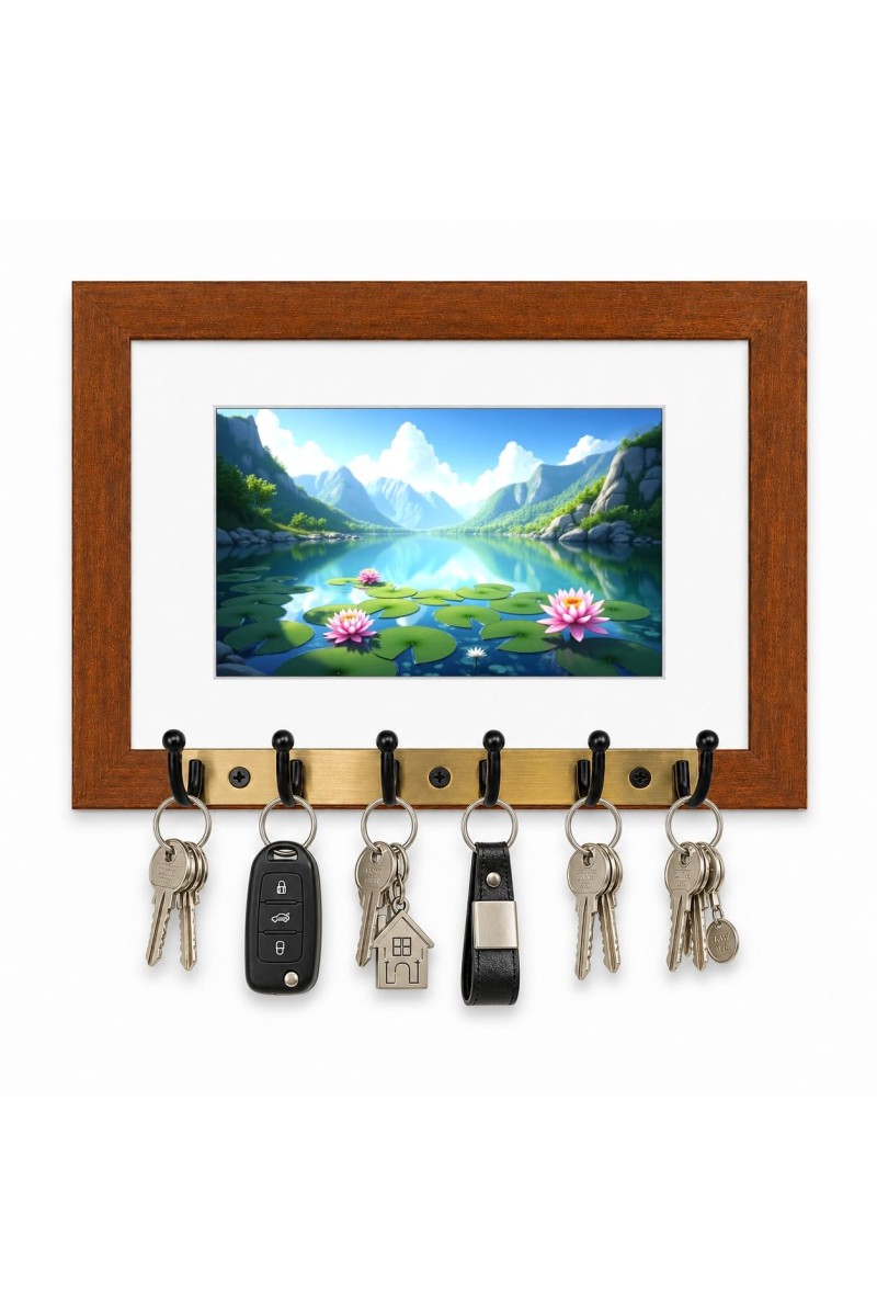 Decorative Wooden Photo Frame Key Hanger With Nature Picture, 12 X 8 Inch Wall Key Holder, 10 X 6 Inch Glossy Photo Frame, 6 Metal Hooks, Home Entrance Decor, Made In India (F38851)