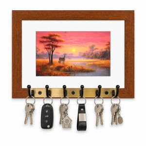 Decorative Wooden Photo Frame Key Hanger With Nature Picture, 12 X 8 Inch Wall Key Holder, 10 X 6 Inch Glossy Photo Frame, 6 Metal Hooks, Home Entrance Decor, Made In India (F38668)