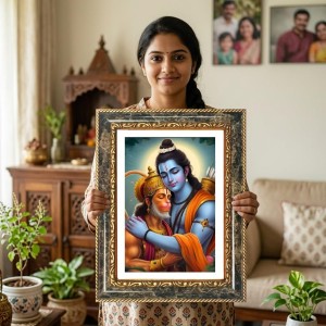 Rama And Hanuman Decorative Photo Frame With White Mount | Premium Wall & Tabletop Picture Frame | Home, Office & Temple Decoration | 10x14 Inch (Pack Of 1) (F33160)