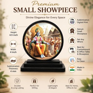 Car Dashboard Wooden Lord Krishna Showpiece | 4 X 4.5 Inch Sublimation Printed Decorative Stand | 4 Mm MDF | Home Decor | Made in India (F33421)