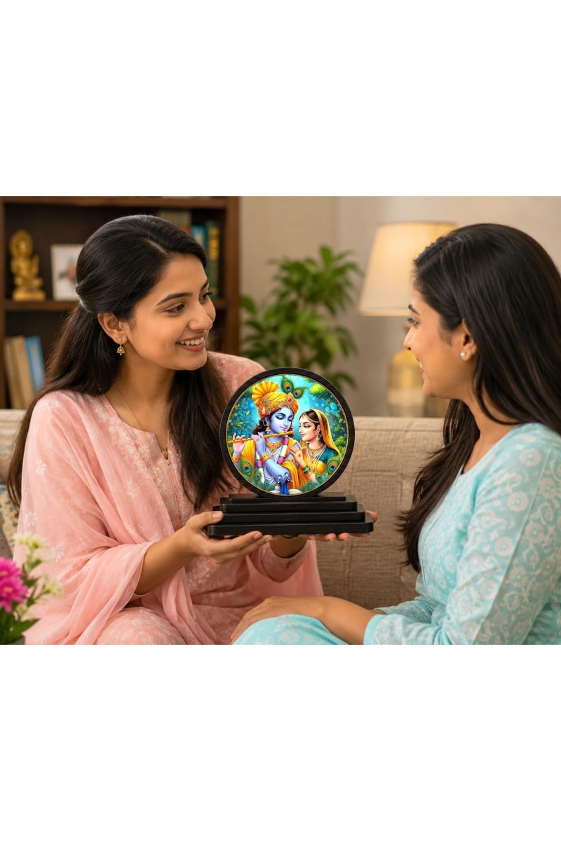 Car Dashboard Wooden Radhaa Krishna Showpiece | 4 X 4.5 Inch Sublimation Printed Decorative Stand | 4 Mm MDF | Home Decor | Made in India (F33663)