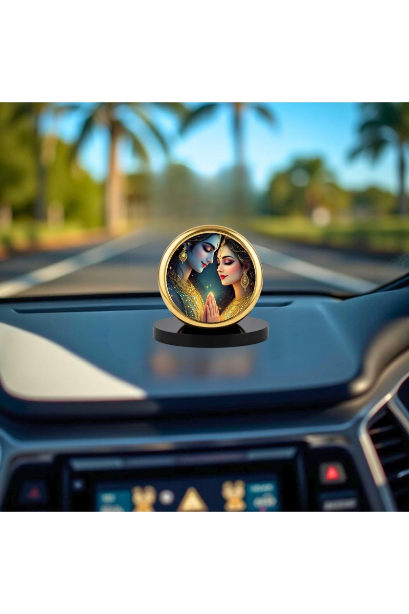 Car Dashboard/Table Top Radhaa And Krishna Metal Golden Photo Stand 2x2 Inches, Compact & Stylish Spiritual Display For Car, Home & Office (Pack Of 1) (F24741)
