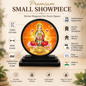 Car Dashboard Wooden Goddess Lakshmi Showpiece | 4 X 4.5 Inch Sublimation Printed Decorative Stand | 4 Mm MDF | Home Decor | Made in India (F33625)