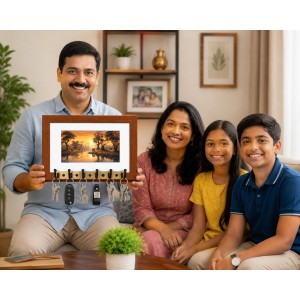 Decorative Wooden Photo Frame Key Hanger With Nature Picture, 12 X 8 Inch Wall Key Holder, 10 X 6 Inch Glossy Photo Frame, 6 Metal Hooks, Home Entrance Decor, Made In India (F38737)
