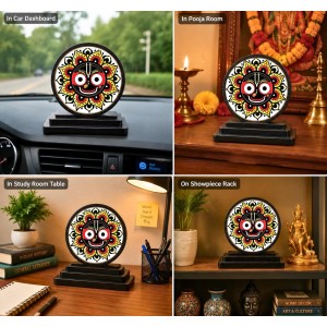 Car Dashboard Wooden Lord Jagannath Showpiece | 4 X 4.5 Inch Sublimation Printed Decorative Stand | 4 Mm MDF | Home Decor | Made in India (F33399)
