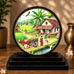 Car Dashboard Wooden Village Scenery Showpiece | 4 X 4.5 Inch Sublimation Printed Decorative Stand | 4 Mm MDF | Home Decor | Made in India (F33273)