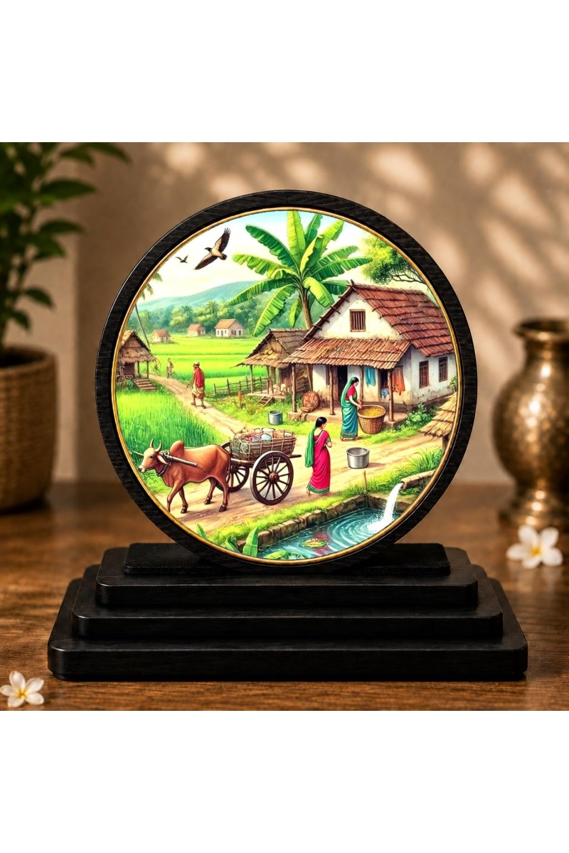 Car Dashboard Wooden Village Scenery Showpiece | 4 X 4.5 Inch Sublimation Printed Decorative Stand | 4 Mm MDF | Home Decor | Made in India (F33273)