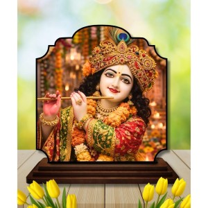 Car Dashboard/Table Top Lord Krishna Wooden Rectangle Photo Stand 3x4 Inches, Compact & Stylish Spiritual Display for Car, Home & Office (Pack of 1) (F22201)