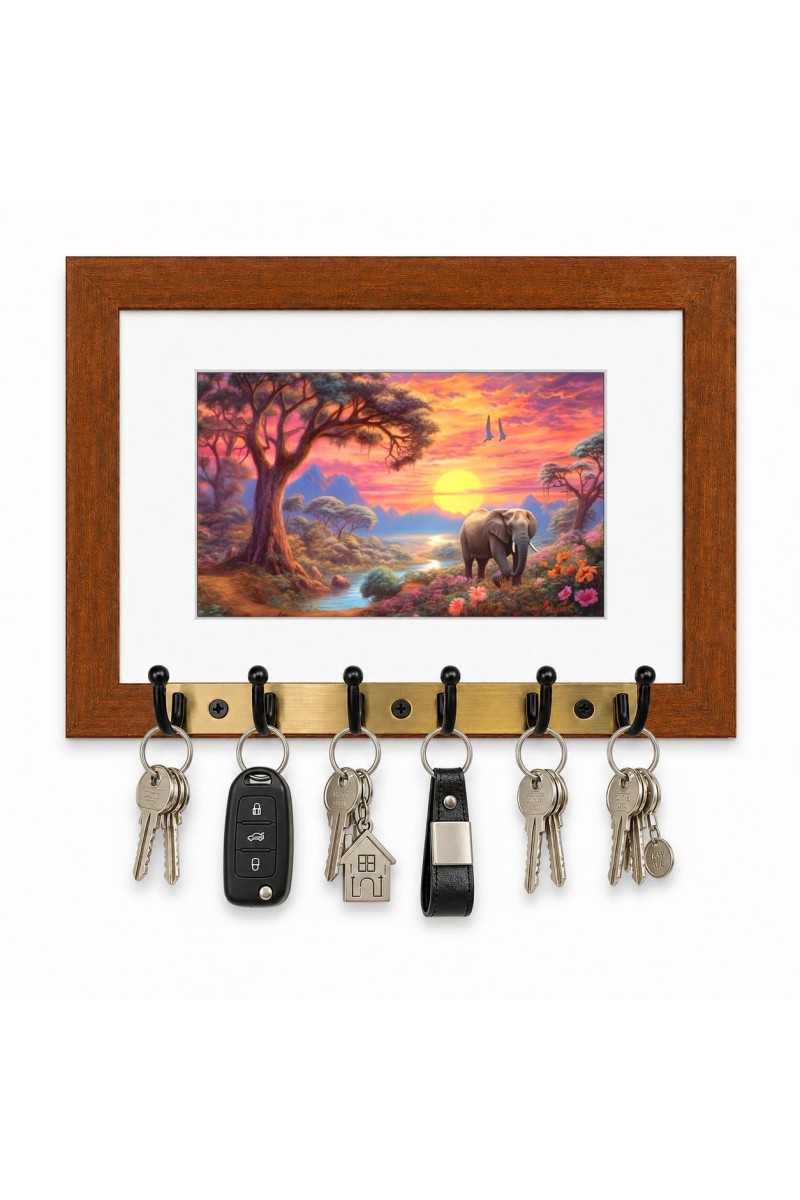 Decorative Wooden Photo Frame Key Hanger With Nature Picture, 12 X 8 Inch Wall Key Holder, 10 X 6 Inch Glossy Photo Frame, 6 Metal Hooks, Home Entrance Decor, Made In India (F38898)