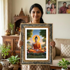 Buddha Decorative Photo Frame With White Mount | Premium Wall & Tabletop Picture Frame | Home, Office & Temple Decoration | 8x12 Inch (Pack Of 1) (F31530)
