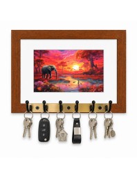 Decorative Wooden Photo Frame Key Hanger With Nature Picture, 12 X 8 Inch Wall Key Holder, 10 X 6 Inch Glossy Photo Frame, 6 Metal Hooks, Home Entrance Decor, Made In India (F38634)