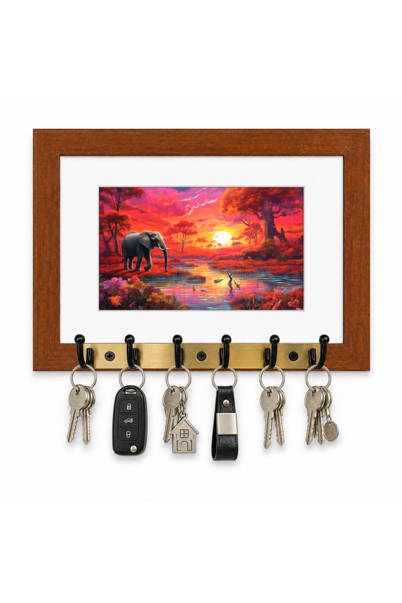 Decorative Wooden Photo Frame Key Hanger With Nature Picture, 12 X 8 Inch Wall Key Holder, 10 X 6 Inch Glossy Photo Frame, 6 Metal Hooks, Home Entrance Decor, Made In India (F38634)