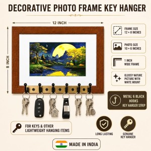 Decorative Wooden Photo Frame Key Hanger With Nature Picture, 12 X 8 Inch Wall Key Holder, 10 X 6 Inch Glossy Photo Frame, 6 Metal Hooks, Home Entrance Decor, Made In India (F38761)
