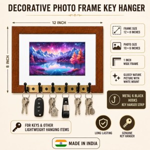 Decorative Wooden Photo Frame Key Hanger With Nature Picture, 12 X 8 Inch Wall Key Holder, 10 X 6 Inch Glossy Photo Frame, 6 Metal Hooks, Home Entrance Decor, Made In India (F38910)