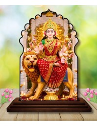 Car Dashboard/Table Top Goddess Durga Wooden Temple Photo Stand 3x4 Inches, Compact & Stylish Spiritual Display for Car, Home & Office (Pack of 1) (F22537)