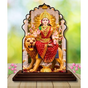 Car Dashboard/Table Top Goddess Durga Wooden Temple Photo Stand 3x4 Inches, Compact & Stylish Spiritual Display for Car, Home & Office (Pack of 1) (F22537)