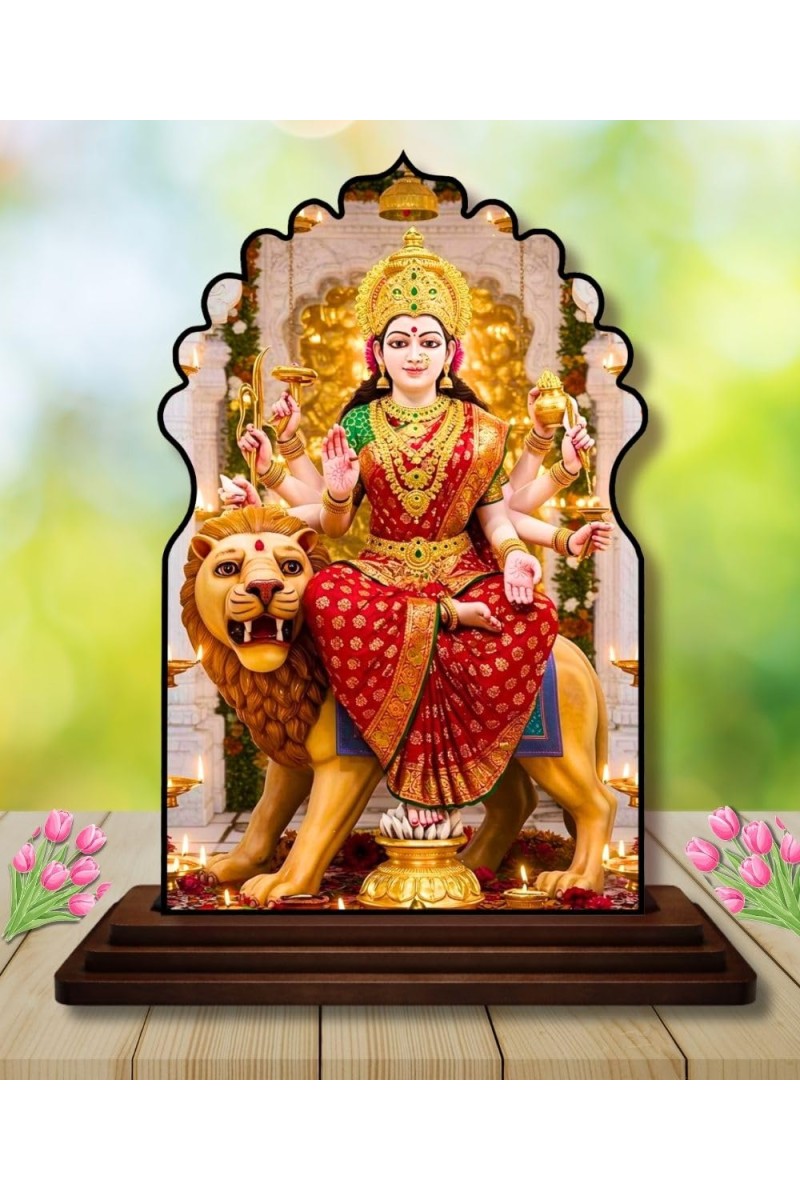 Car Dashboard/Table Top Goddess Durga Wooden Temple Photo Stand 3x4 Inches, Compact & Stylish Spiritual Display for Car, Home & Office (Pack of 1) (F22537)