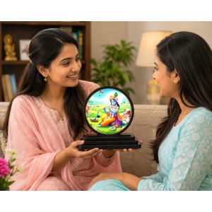 Car Dashboard Wooden Lord Krishna Showpiece | 4 X 4.5 Inch Sublimation Printed Decorative Stand | 4 Mm MDF | Home Decor | Made in India (F33396)