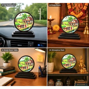 Car Dashboard Wooden Village Scenery Showpiece | 4 X 4.5 Inch Sublimation Printed Decorative Stand | 4 Mm MDF | Home Decor | Made in India (F33273)