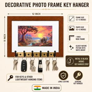 Decorative Wooden Photo Frame Key Hanger With Nature Picture, 12 X 8 Inch Wall Key Holder, 10 X 6 Inch Glossy Photo Frame, 6 Metal Hooks, Home Entrance Decor, Made In India (F38898)