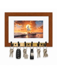 Decorative Wooden Photo Frame Key Hanger With Nature Picture, 12 X 8 Inch Wall Key Holder, 10 X 6 Inch Glossy Photo Frame, 6 Metal Hooks, Home Entrance Decor, Made In India (F38680)