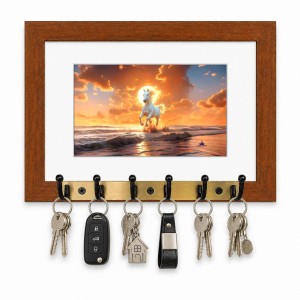 Decorative Wooden Photo Frame Key Hanger With Nature Picture, 12 X 8 Inch Wall Key Holder, 10 X 6 Inch Glossy Photo Frame, 6 Metal Hooks, Home Entrance Decor, Made In India (F38680)