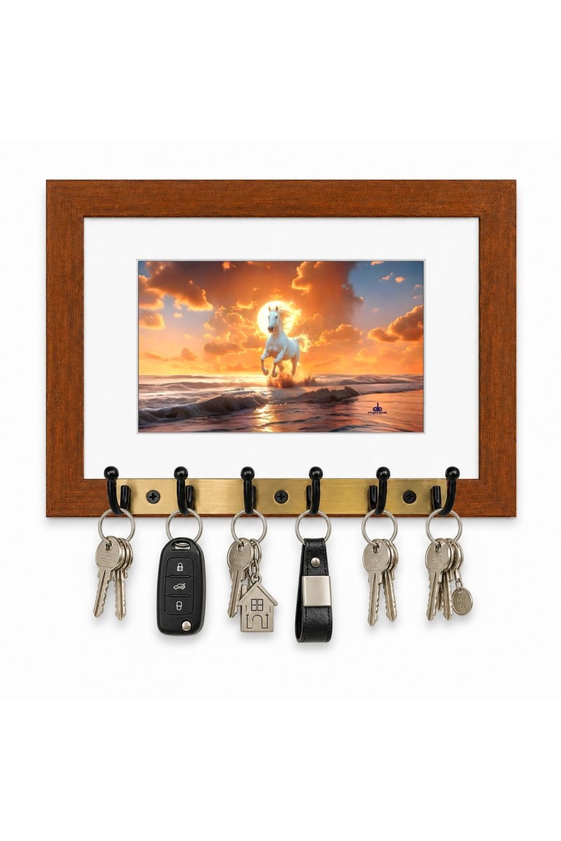 Decorative Wooden Photo Frame Key Hanger With Nature Picture, 12 X 8 Inch Wall Key Holder, 10 X 6 Inch Glossy Photo Frame, 6 Metal Hooks, Home Entrance Decor, Made In India (F38680)