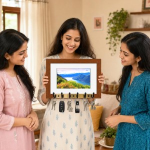 Decorative Wooden Photo Frame Key Hanger With Nature Picture, 12 X 8 Inch Wall Key Holder, 10 X 6 Inch Glossy Photo Frame, 6 Metal Hooks, Home Entrance Decor, Made In India (F38692)