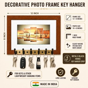 Decorative Wooden Photo Frame Key Hanger With Nature Picture, 12 X 8 Inch Wall Key Holder, 10 X 6 Inch Glossy Photo Frame, 6 Metal Hooks, Home Entrance Decor, Made In India (F38731)