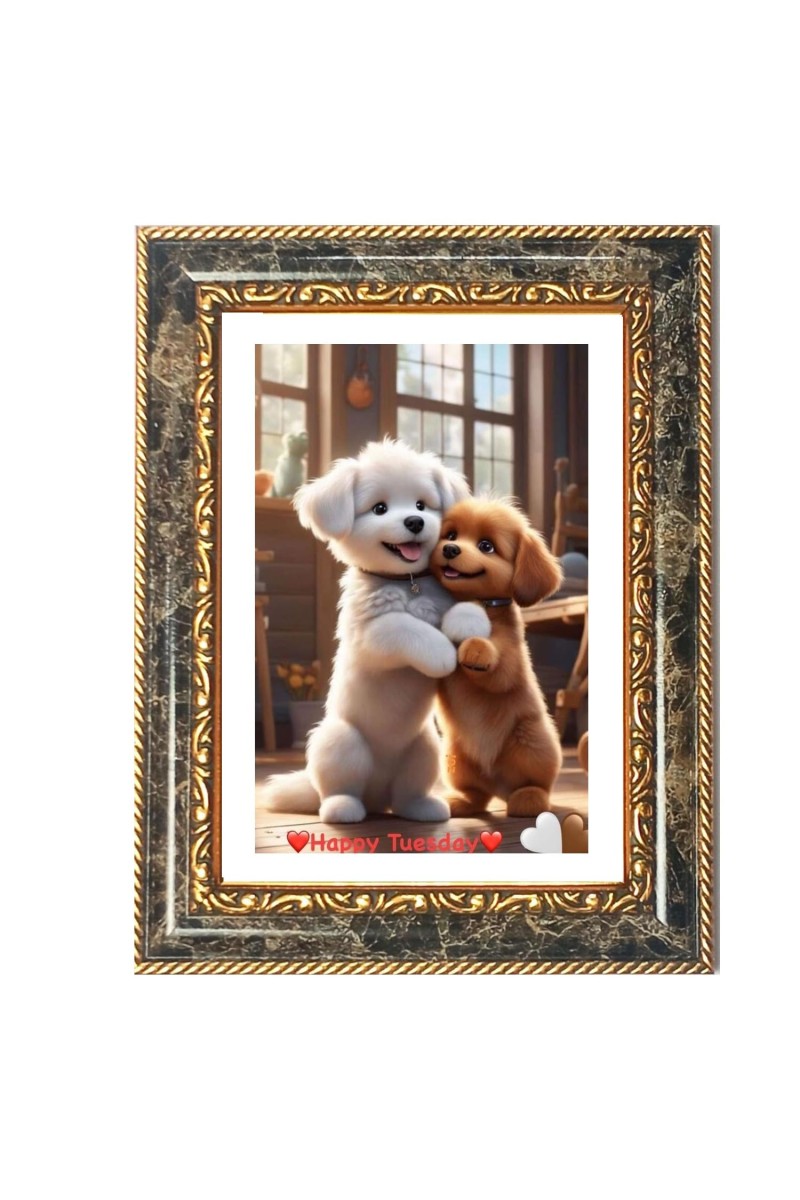 Two Puppies Decorative Photo Frame With White Mount | Premium Wall & Tabletop Picture Frame | Home, Office & Temple Decoration | 8x12 Inch (Pack Of 1) (F32592)